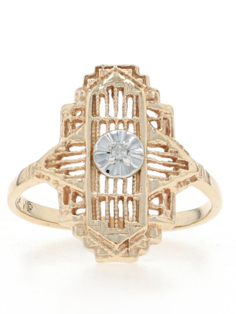 Yellow Gold Diamond Vintage Solitaire Ring - 10k Single Cut Filigree